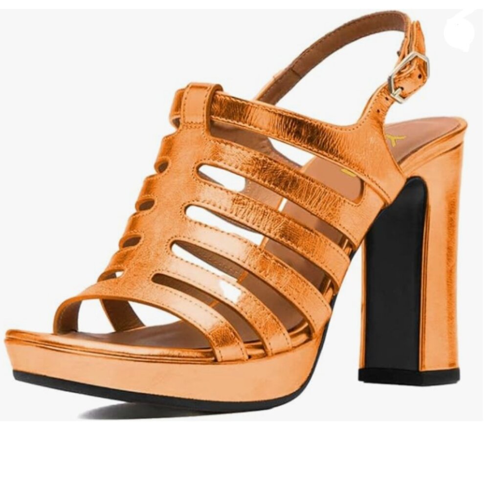 YDN Orange Platform Cutout Sandal Open Toe slingback Heeled Chunky Heels Shoes
